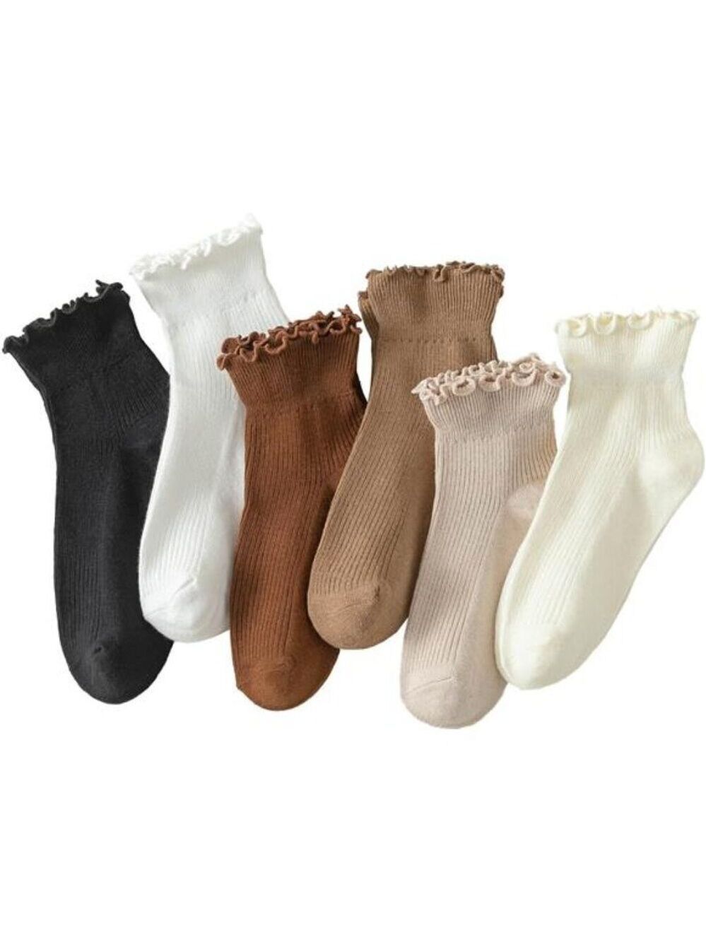 6 Pairs Womens Ruffle Ankle Socks Cotton Cute Frilly Turn Cuff Soft Breathable S